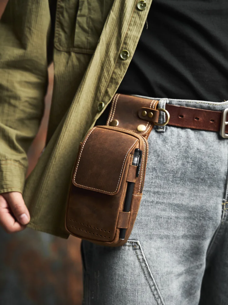 NASVA Herren-Hüfttasche aus echtem Leder, multifunktionale Handytasche, tragbare Gürteltasche mit Schlüssel zum Aufhängen, Schnalle – Detail 3