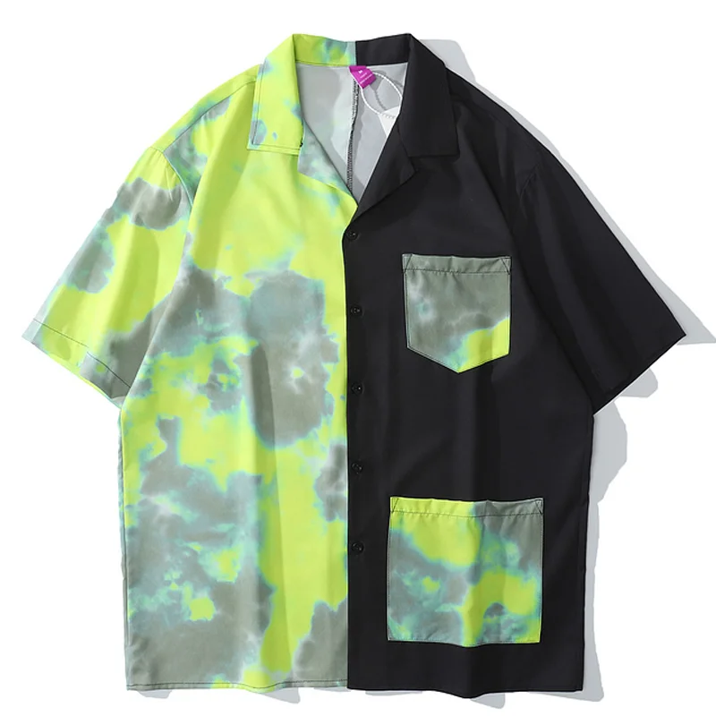 

Y2K Shirts Hip Hop Tie-dye Shirt Men Color Block Patchwork Shirt Oversized Streetwear Loose Blouse Fashion Top Clothes