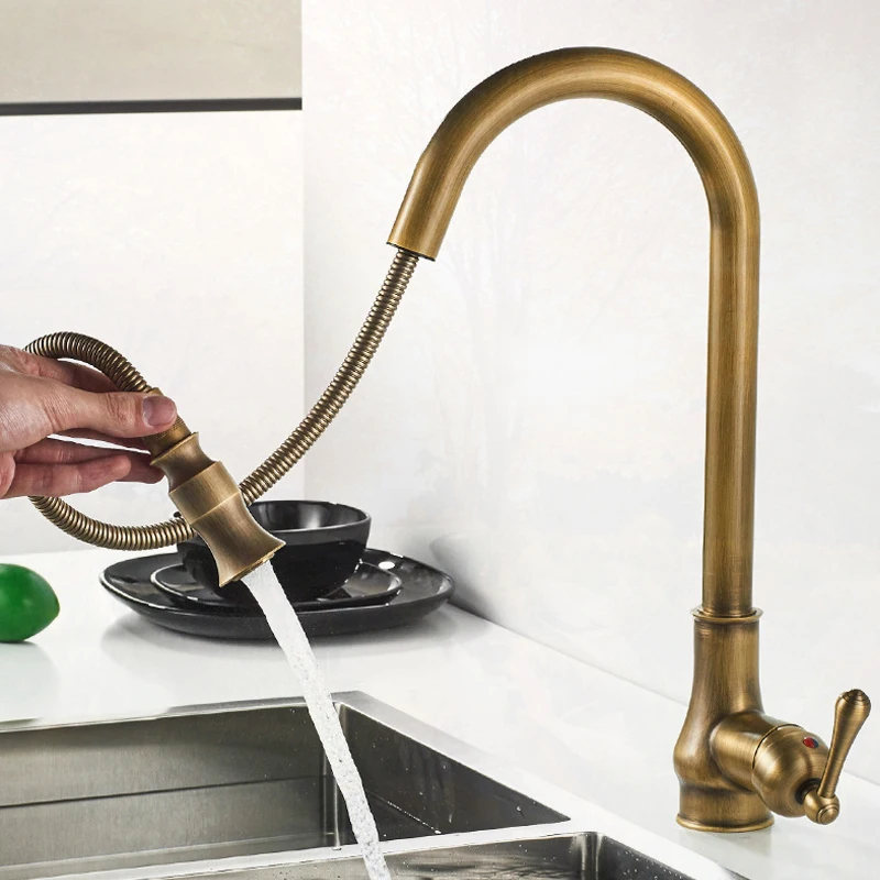 New Antique Brass Kitchen Faucet Single Hole Pull Out Faucet Copper Kitchen Sink Mixing Faucet with Spray Head