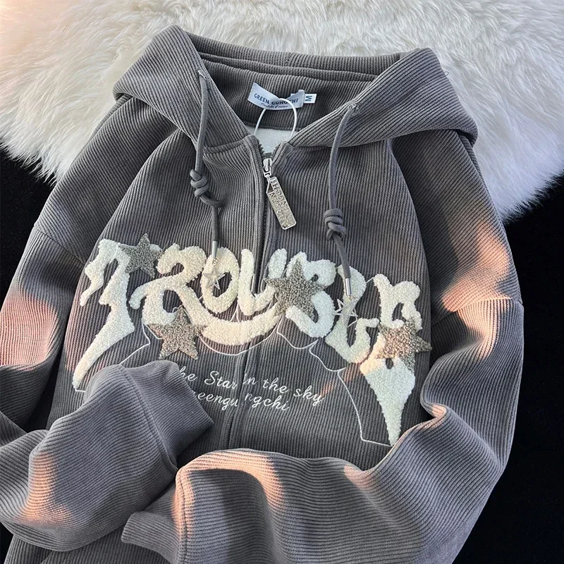 

Y2K Corduroy Letter Embroidered Sweatshirts For Women Autumn Winter Vintage Zip-Up Jackets Harajuku Long Sleeve Hoodies Clothing