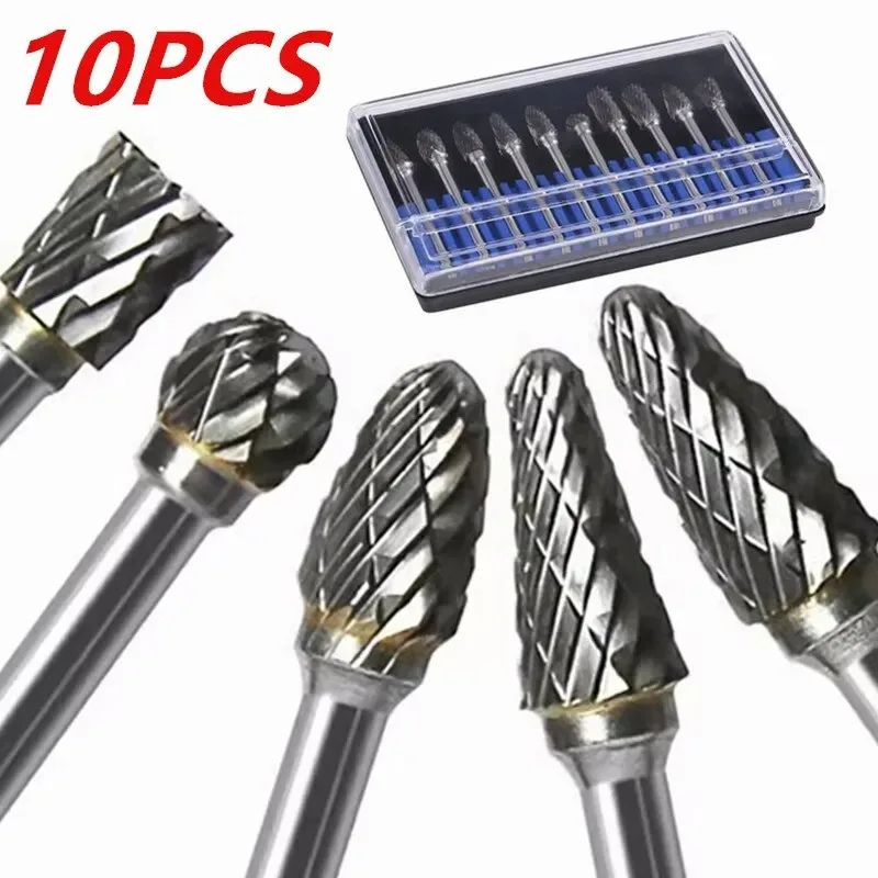 Carbide Burr Set 10pcs Carbide Burr Set Hard Alloy Tungsten Steel Double Cut Rotary File Milling Cutter Head Woodworking Grinding Carvin