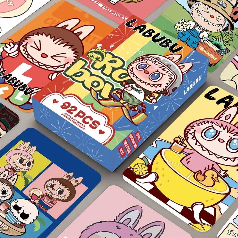 92Pcs Labubu Anime 홀로그램 LOMO 카드 - 팬 및 선물용 스티커가 포함된 귀여운 소장용 캐릭터 사진 카드