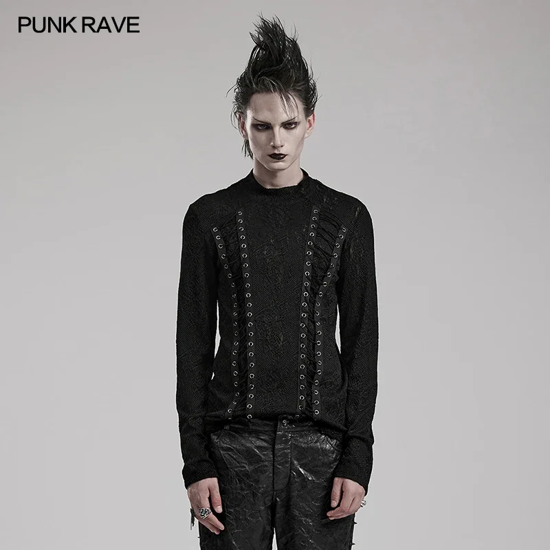 

PUNK RAVE Men's Gothic 3D Jacquard Knitted T-shirt Symmetrical Webbing Decoration Punk Male Tees Tops Streetwear