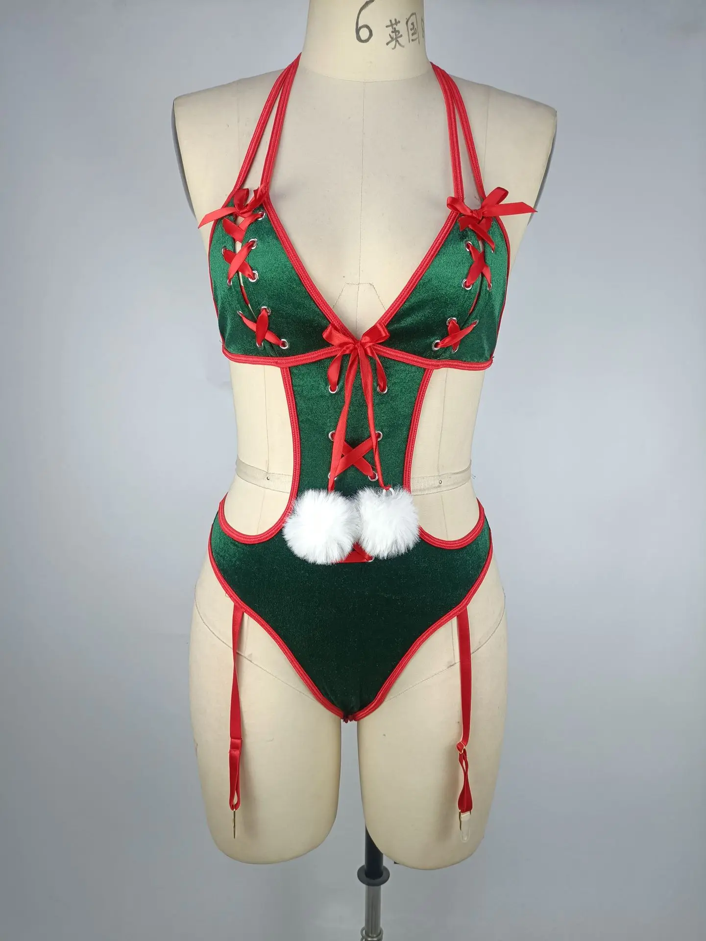 BKLD Sexy Christmas One Pieces Lingeries Bodysuit Nightclub Outfits Clothes Women Fashion Patchwork Lace-Up Velvet Bodysuit