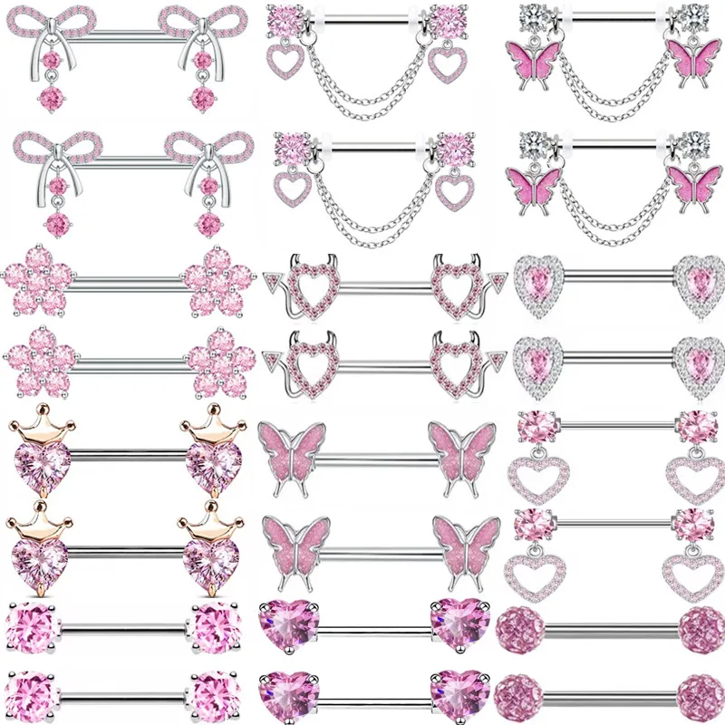 Pink Butterfly Nipple Piercing Jewelry Shiny Crystal Nipple Rings For Women Girls Heart Barbells Piercing Pezon 1Pair