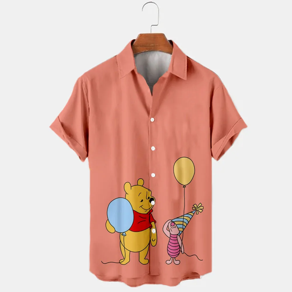 Summer New Disney Brand Mickey and Winnie the Pooh Cartoon Casual 3D Printed Short Sleeve Lapel Shirt Slim Fit Men's Top