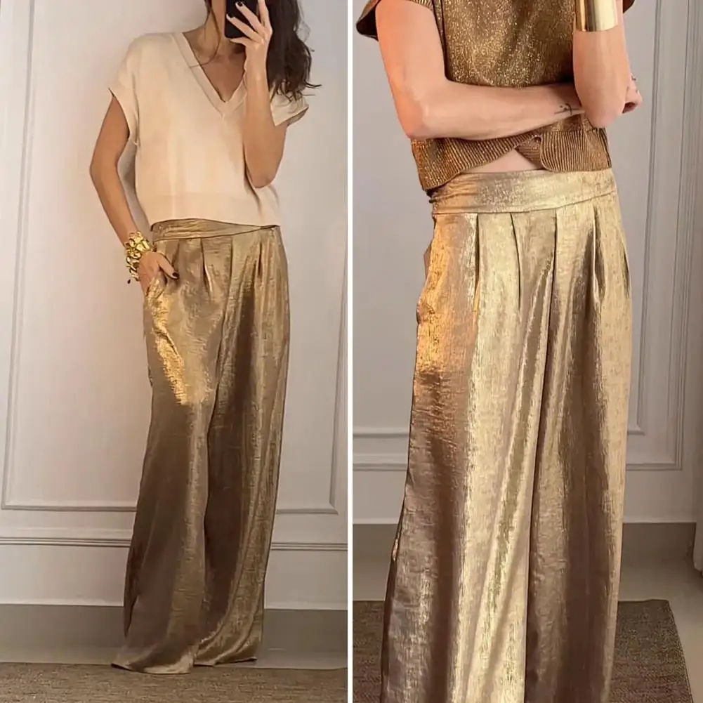 

Women Long Pants Elastic High Waist Casual Trousers Metallic Solid Color Wide-Leg Pants Office Party Work Leisure Pants