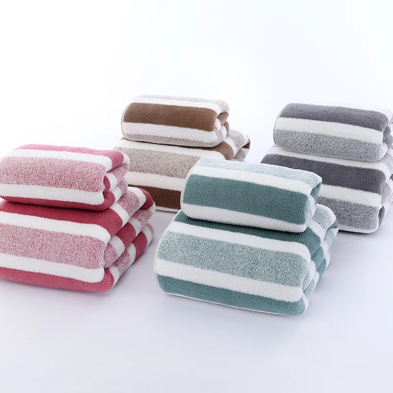 Striped Coral Fleece Quick-Drying Towel Set – Soft, Absorbent, and Stylish Bath Towels all colors