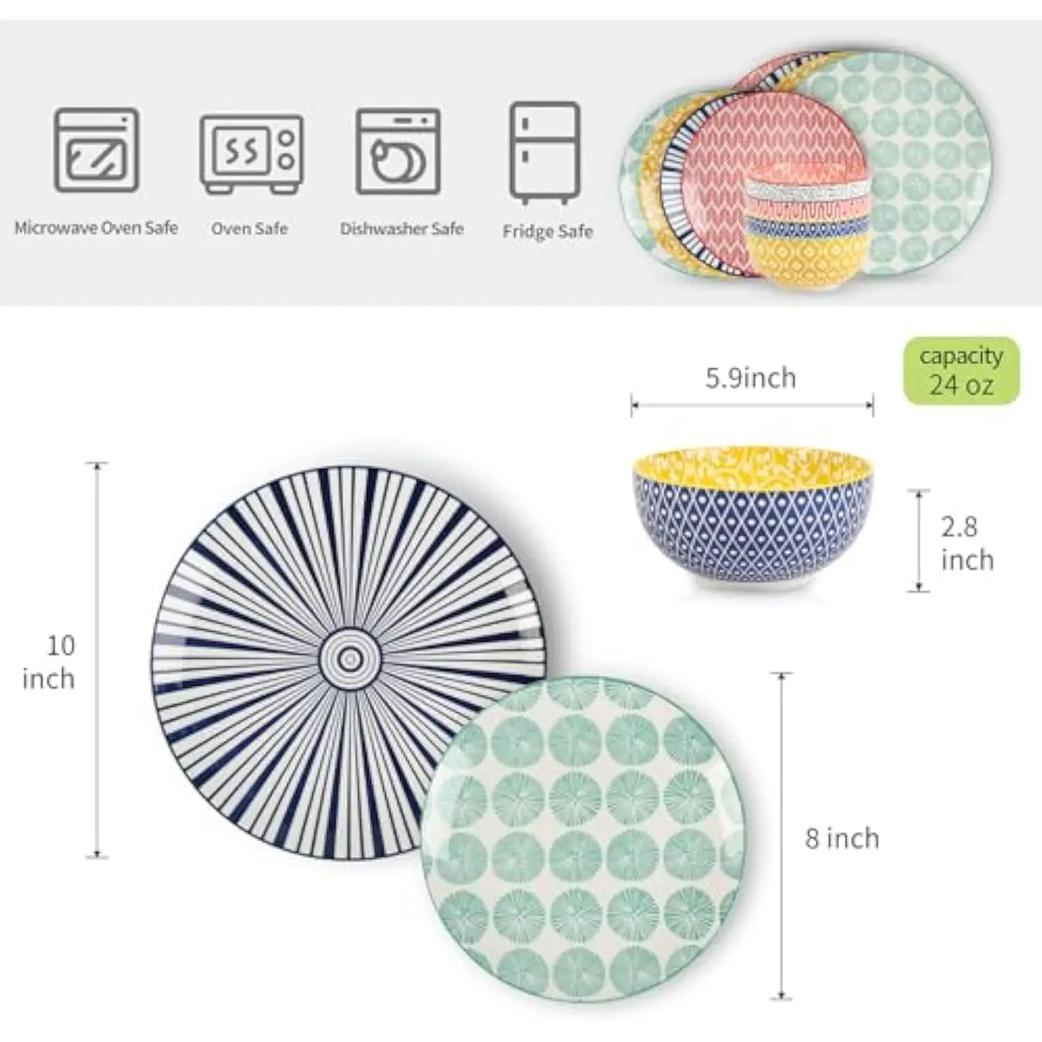 Ceramic 12-Pieces Dinnerware Sets, Ceramic Dish Plates and Bowls Sets, Service for 4, Dinner Salad Dessert Plates, and Cereal B