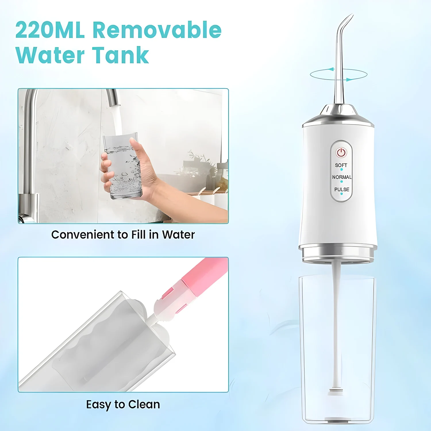 Oral Irrigator Portable Dental Water Flosser Water Jet Floss Tooth Pick 1 Jet Tip 220ml 3 Modes Teeth Cleaner