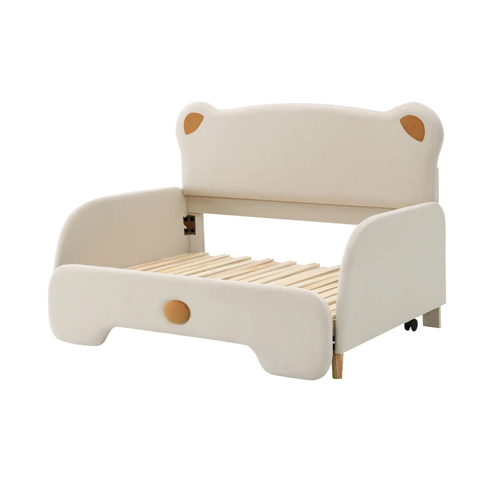 Beige Samt-Bett in Bärenform 140x105&140x200cm Gepolstertes Kinderbett Ausziehbares Tagesbett mit Weichen Schutzkanten – Detail 12