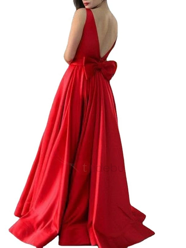 

Red Bridemaid Party Dress Satin O Neck Open Back Elegant Guest Wedding Gowns Simple Evening Dresses Long Custom Size Vestidos
