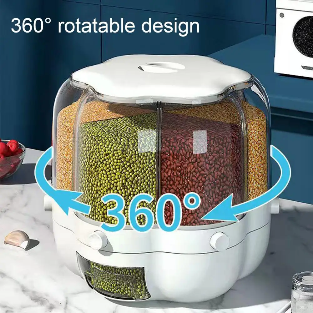 

360 Degree Rotation Moisture-proof Keep Cereal Neat 6 Compartment Dry Food Dispenser Rice Container Kitchen Supplies