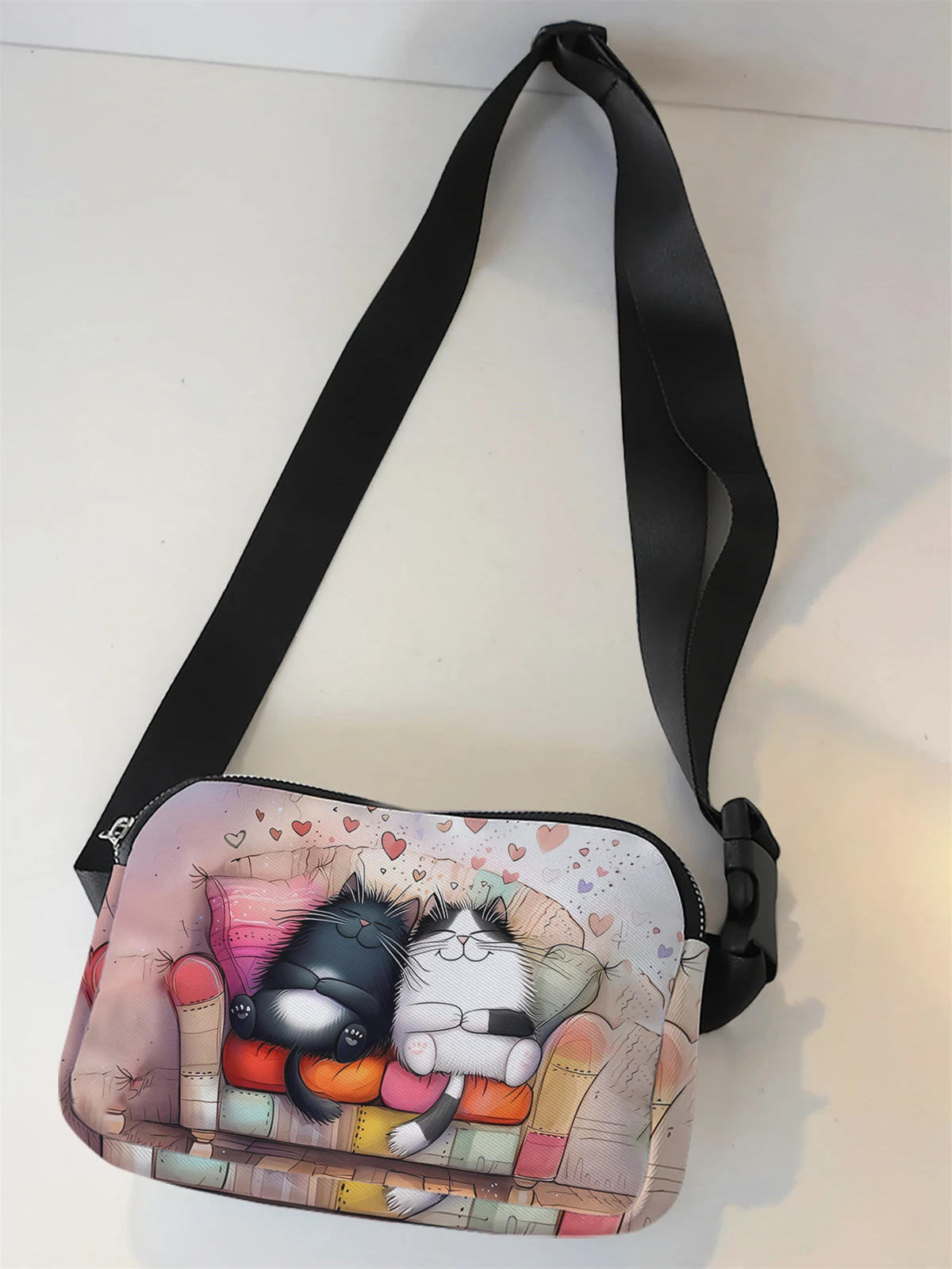 1-piece set, stylish and adjustable cat pattern crossbody bag, neutral sports waist bag, suitable for running