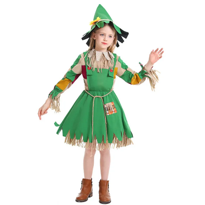 

Green Girls Halloween Beggar With Patches Costumes Kids Children Puppet Scarecrow Cosplay Carnival Purim Role Play Party Dress