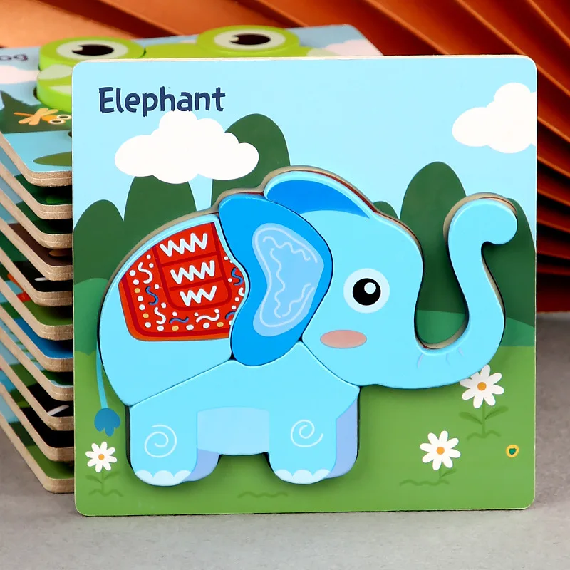Toddler Puzzles Wooden Jigsaw 5.87 in with 3D Cartoon Animals Frog Elephant Owl Lion Shape Montessori Toys for Infant Kids 2