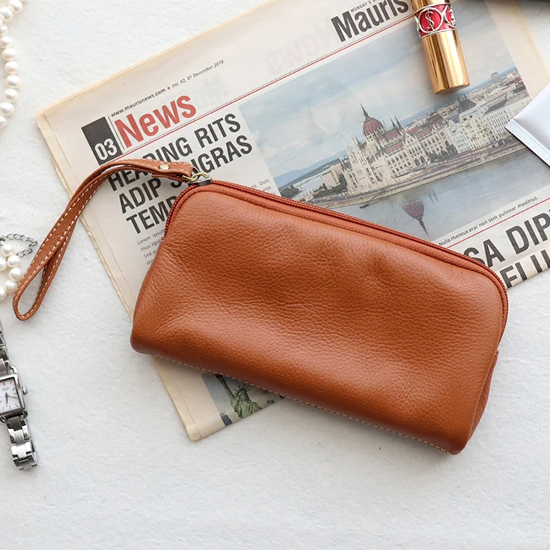 

AETOO First layer leather long purse zipper mobile phone bag wrist bag shopping bag holding multi-functional storage bag