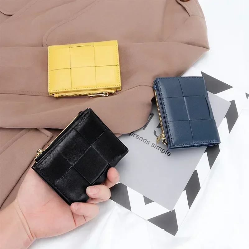 Women Genuine Sheepskin Leather Purse Handbag With Zipper Coin for Female Fashion Short Wallet Money Clip Knitting