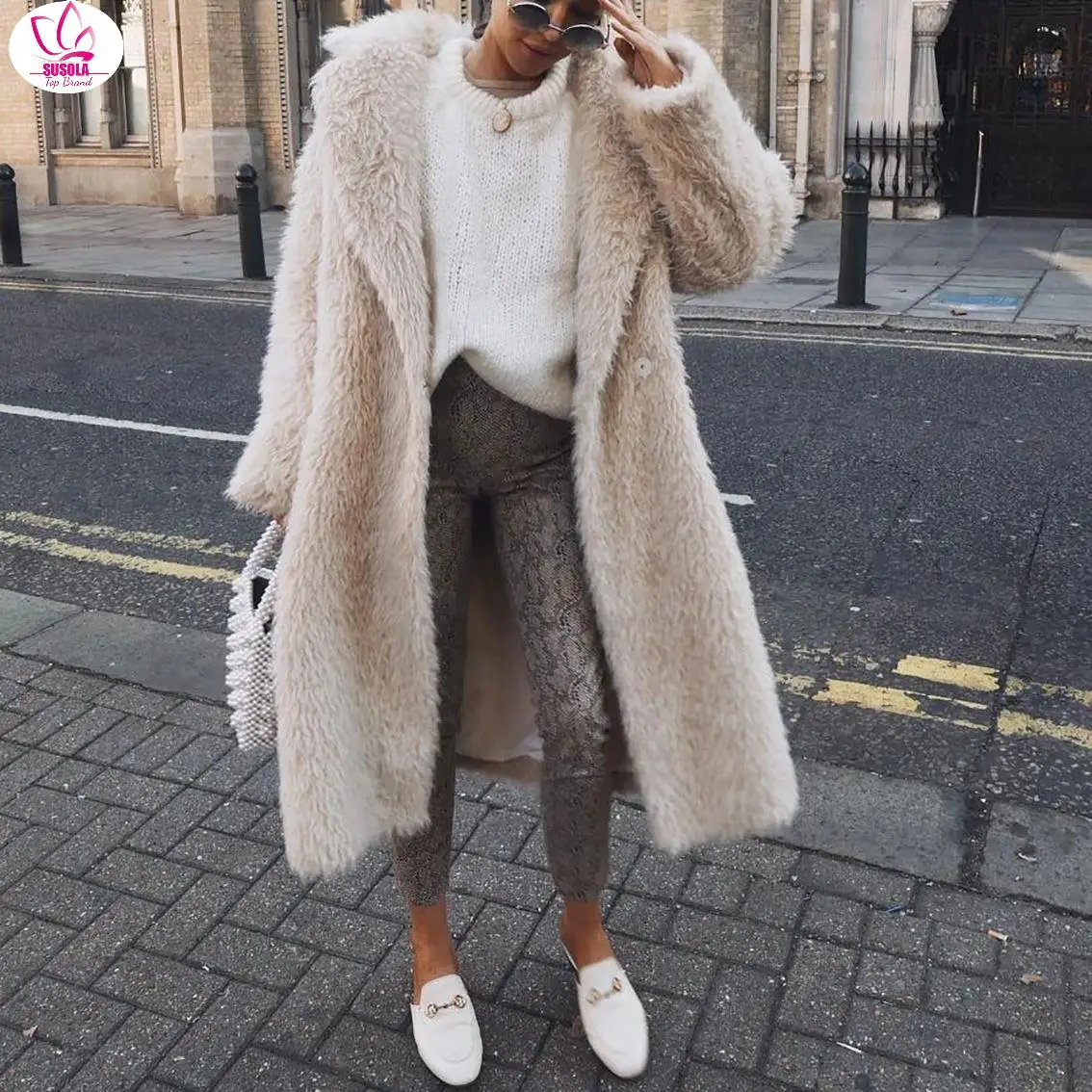 

Women Winter Faux Fur Coat Bomber Wool Teddy Coat Beige Overcoat Long Sleeve Vintage Outwear Mujer