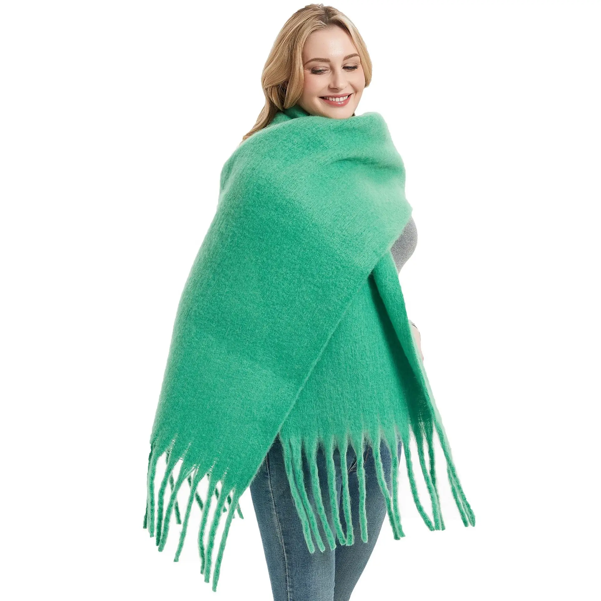 Autumn and Winter Warm Solid Colour Shawl for Women Long Tassel Rough Beard Grass Green Thickened 26 Colours Scarf 2