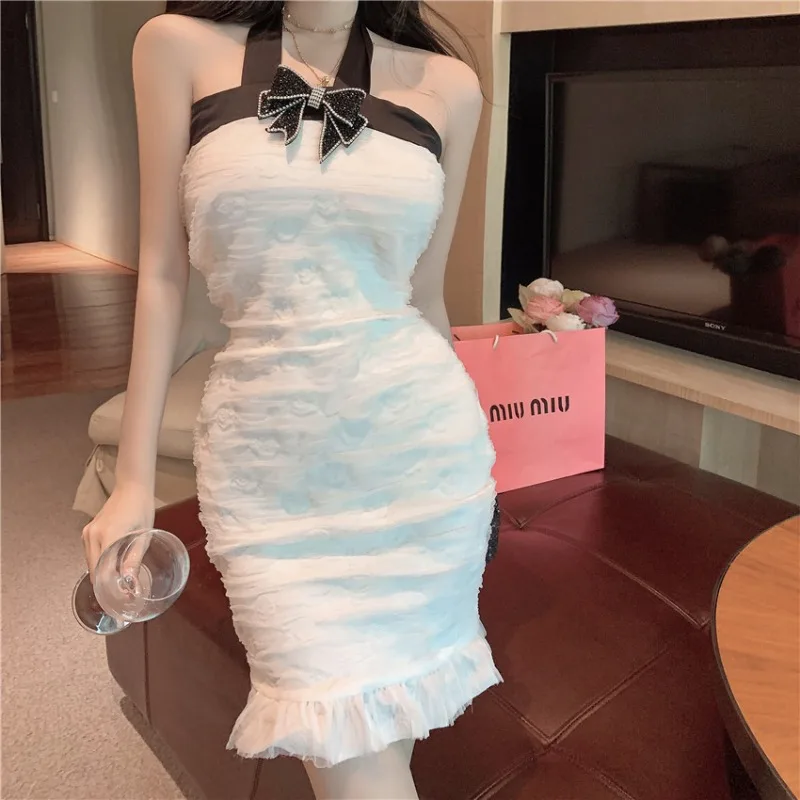 

Sexy Contrast Color Bow Tie Dress Goddess Style Small Crowd Shoulder Halter Bag Hip Dress Sweet Sleeveless Mini Dress Club