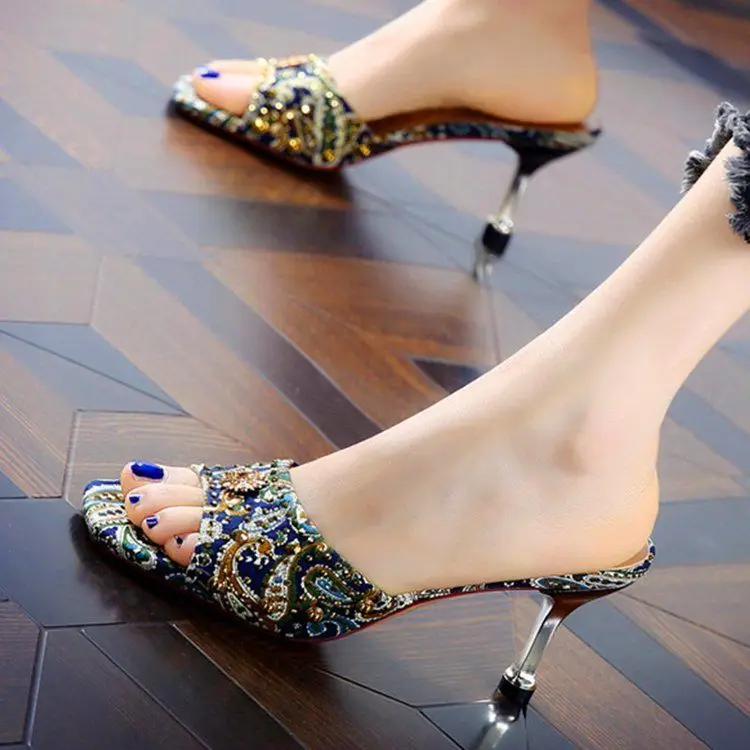 Women Sandals Embroidery Summer Women High Heels Sandals Open-toepeep High Heels Ladies Sandals Personalized Rhinestone Stiletto