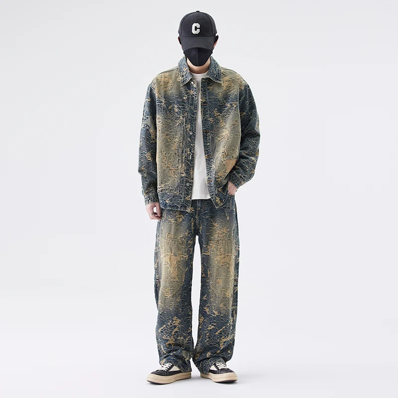 American High Street Denim Sets Men's Jacquard Ragged Loose Casual Plus Size Retro Washed Denim Shirt Style Jacket Jeans Pants