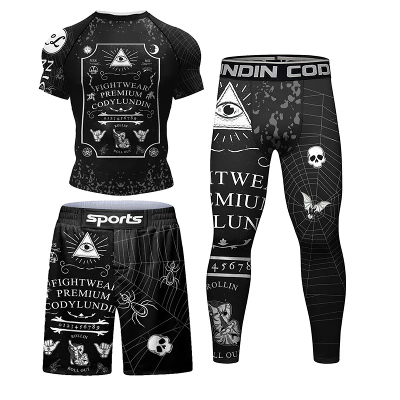Sports apparel Mens t shirt Skull Jiu Jitsu Rashguard For Men MMA T-shirt + Shorts Pant Set Brazilian Grappling Bjj Boxing Rash Guard Gym Boxeo Sport Jerseys