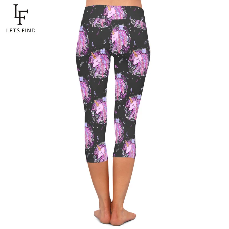 LETSFIND High Elastic  Women Capri Leggings 3D Cute Unicorn Print High Waist Fitness Soft Slim Mid-Calf Leggings