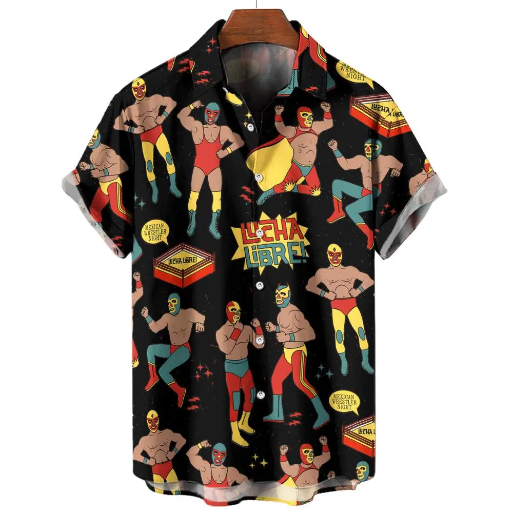 

Men's Shirt 3d Mexican Wrestling Vintage Printed High-Quality Mens Clothing Loose Oversized Shirt Fashion Casual Short Sleeves