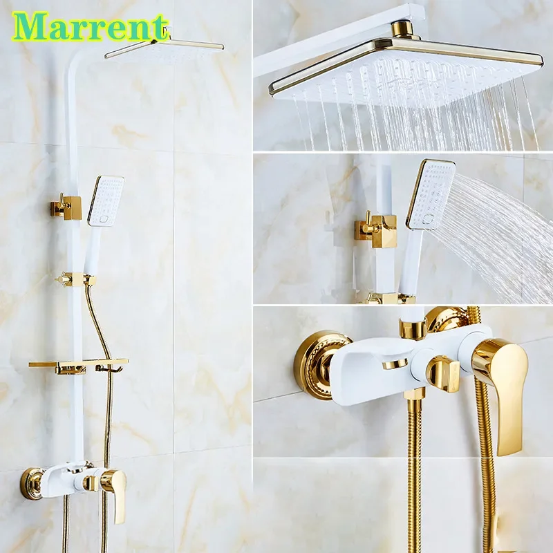 White Gold Bathroom Shower System Faucet Hot Cold Brass Bathtub Mixer Tap Rainfall Shower Head Rainfall Bathroom Set shower head,shower set