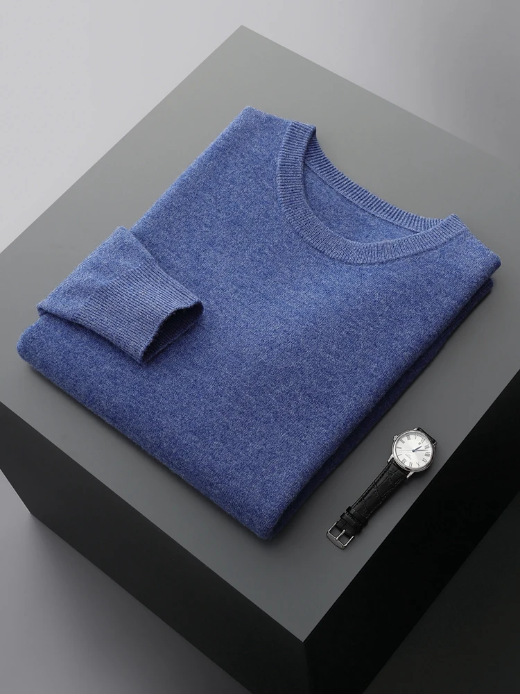 100% Pure Wool Sweater Men's Round Neck Pullover Tops Autumn and Winter Thin Solid Color Sweater Versatile Basic