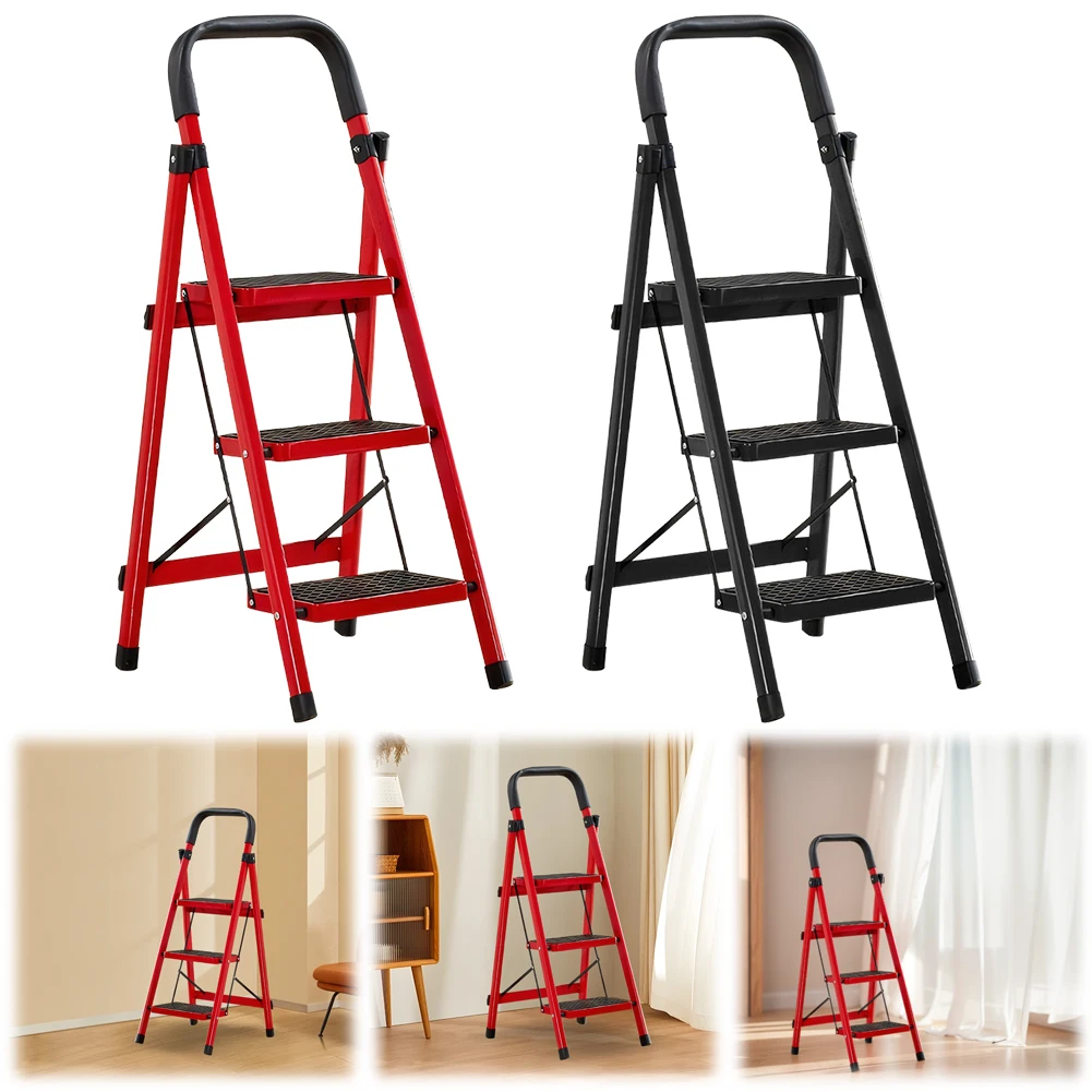 3 Step Folding Ladder Sturdy Steel Ladder 300 Lbs Load Capacity Sturdy& Portable Stepping Stools for RV Attic Daily Use