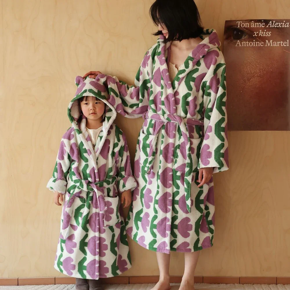 Terry Towel Long Kimono Bathrobe Thicken Long Staple Cotton Hooded Robe Print Tulips Sleepwear Women Girls Home Wear Nightdress