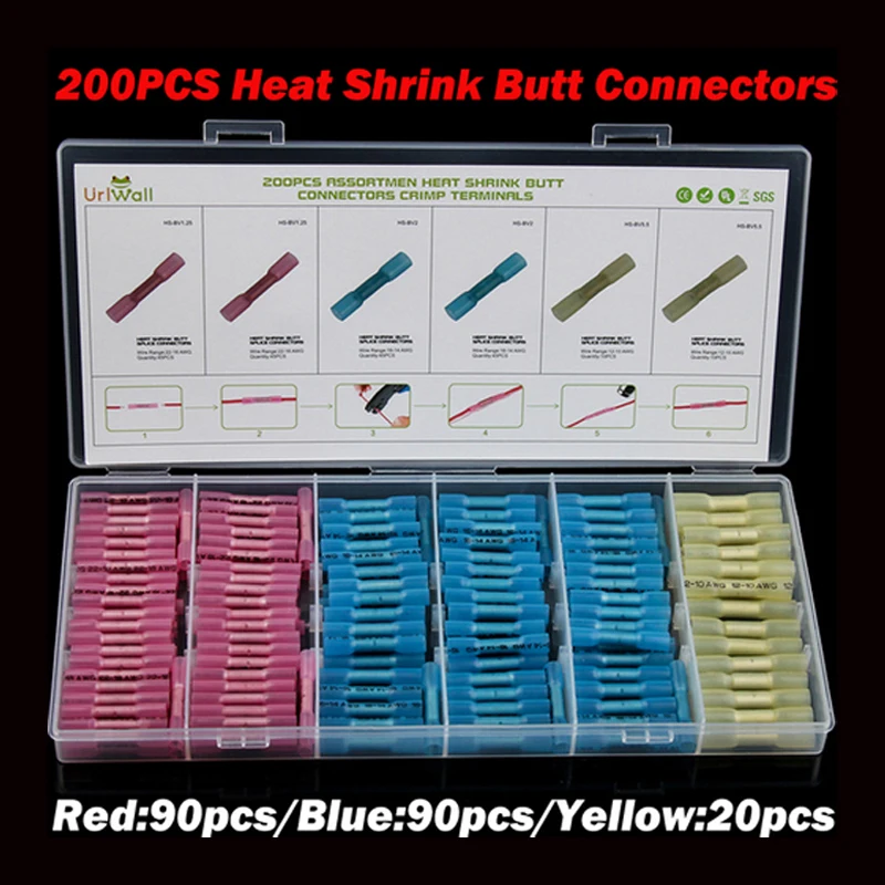 Heat Shrink Isolados Butt Fio Conectores Solda Impermeável Terminais Crimp Manga Isolador Cabo Elétrico 200 Pcs
