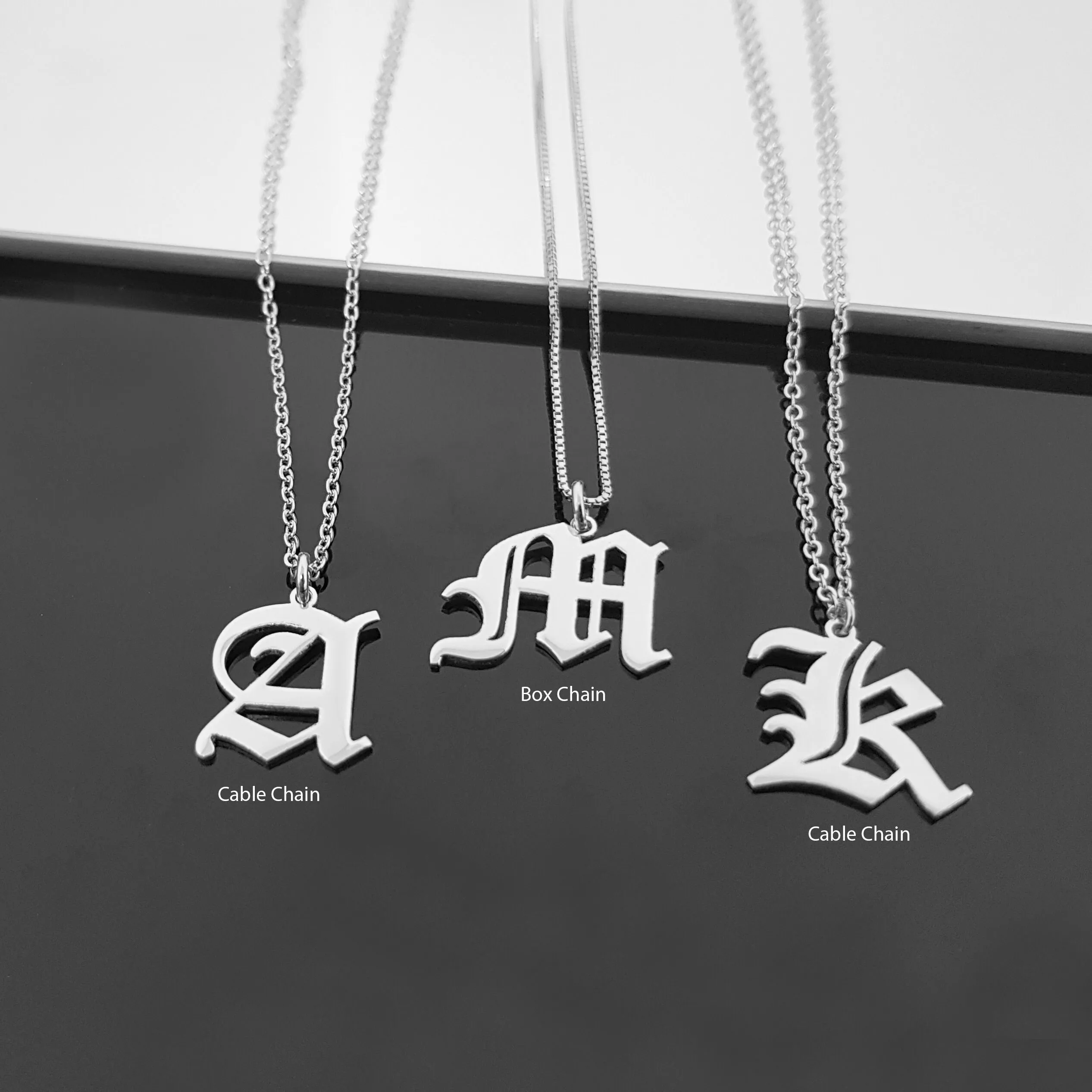 Personality Name Necklace Old English A-Z 26 Letter Necklace Gothic Cuban Chain Customized Stainless Steel Name Chain For Women