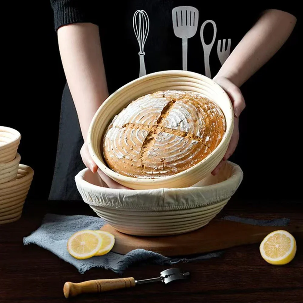 Natural Rattan Wicker Bread Basket Banneton Dough Proofing Sourdough Basket Linen Liner Home Kitchen Bread Bakery Tools