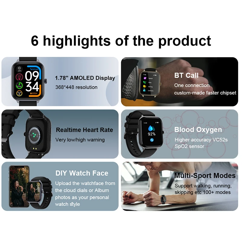 IMIKI ST1 Ʈ ġ 1.78 ġ AMOLED ÷, BT ȭ, ǽð ɹڼ 100 +  , SpO2  Ʈġ