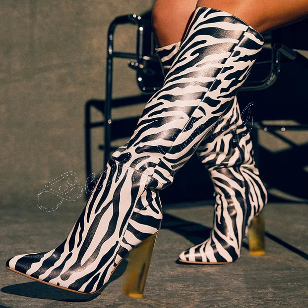 

Zebra Pattern Boots Gold Heel Side Zipper Chunky Heel Knee High Heel Shoes for Women High Heel Fashion Black Zapatillas Mujer