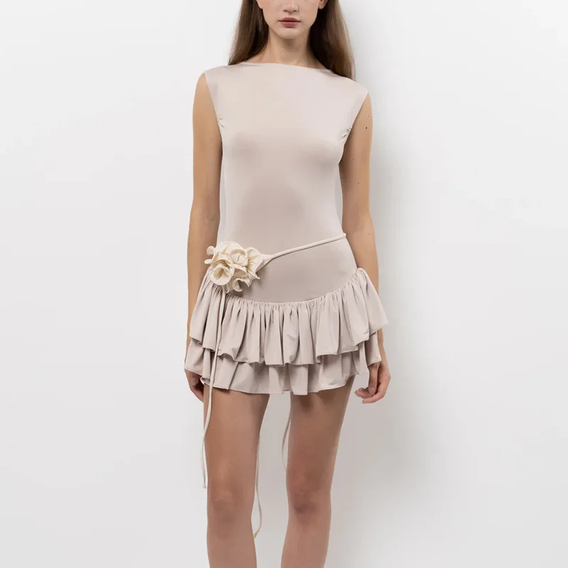 Vestidos elegantes para mujer, sexys, de color liso, cuello redondo, sin mangas, con dobladillo con volantes, vestidos para salir, fiestas y clubes.