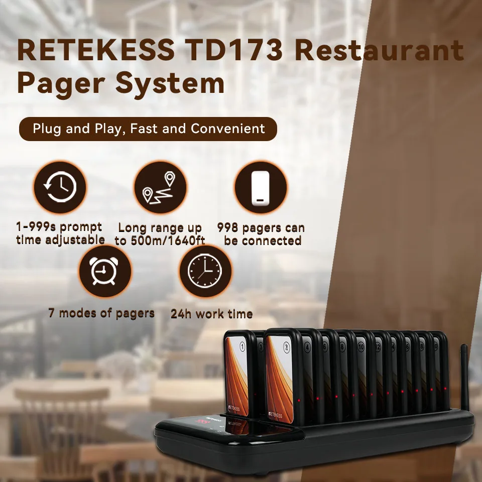 Retekess TD173 Drahtloses Pager-System mit 20 Ein-Klick-Stummschaltfunktionen, Restaurant-Pager, Vibrations- und Blitz-Buzzer, Untersetzer-Pager für Food Trucks – Detail 3