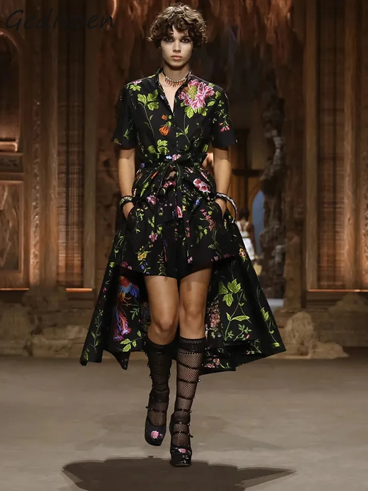 

Gedivoen Fashion Designer Spring Women's Round Neck Bowknot Frenulum Flower Printing Fold Elegant Gorgeous Dress