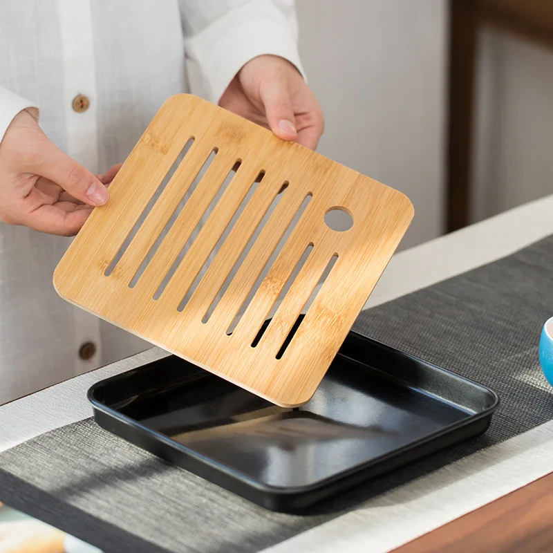 Bamboo Chinese Gongfu Tea Tray Box with Water Storage Drainage Serving Wood Marble Holder Table tea tray wooden serving tray