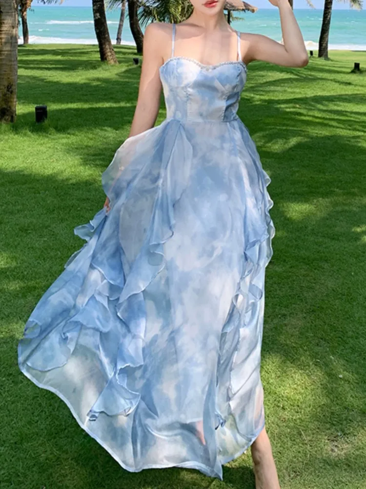 

Fashion Summer Elegant Casual Floral Blue Dress Women Sleeveless Vintage A-Line Beach Party Vestidos Female Chic Robe Clothes