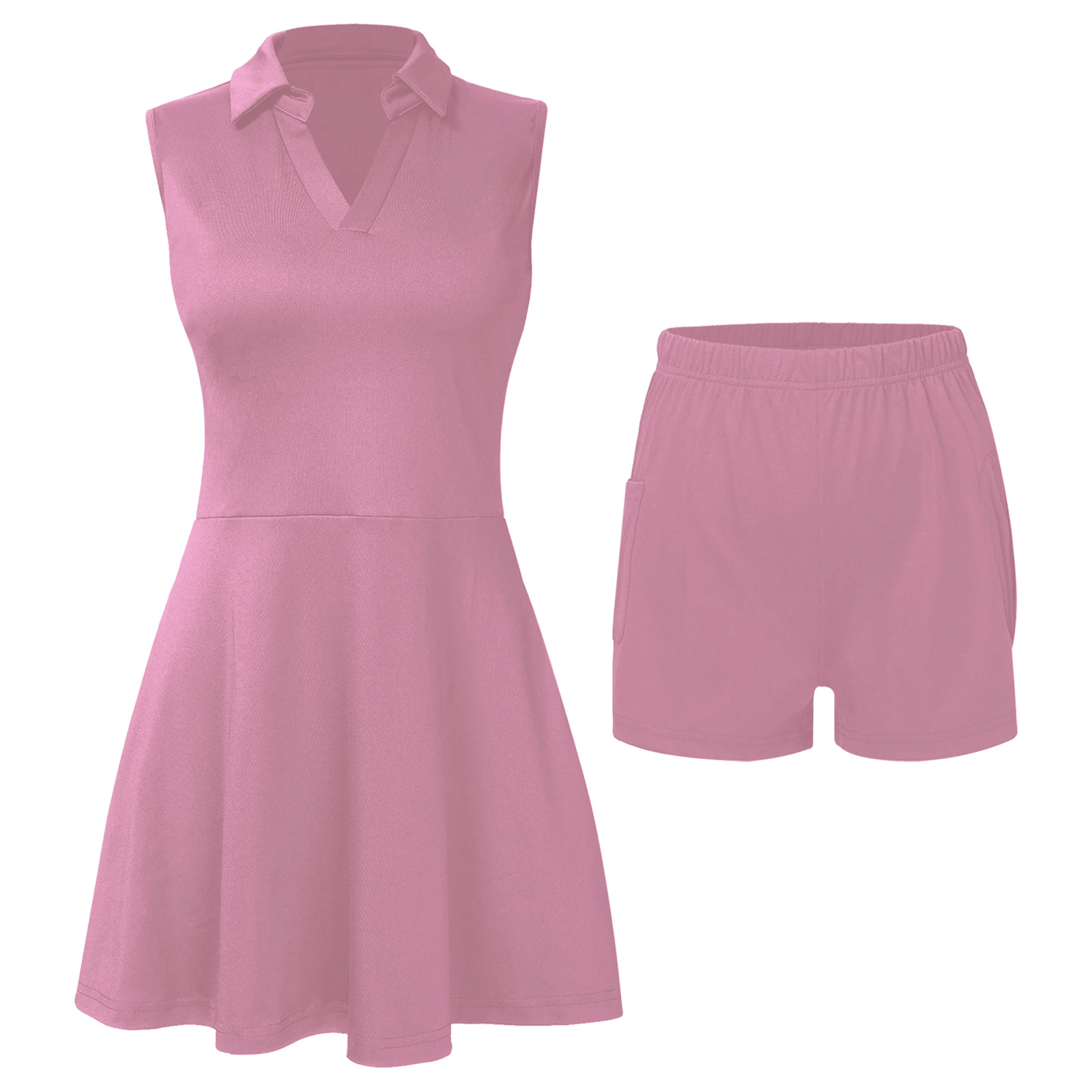 

Womens Gymnastic Sport Tennis Dress Shirt Collar V Neck Sleeveless Pockets Above Knee Length Sport Tennis Golf Dress with Shorts