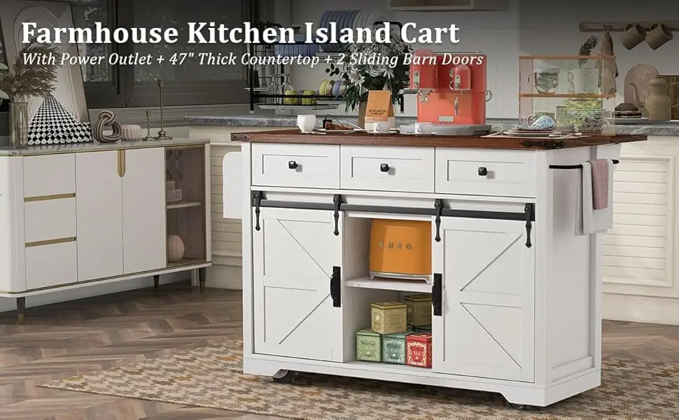 Kitchen Island with Sliding Barn Doors and Power Outlet