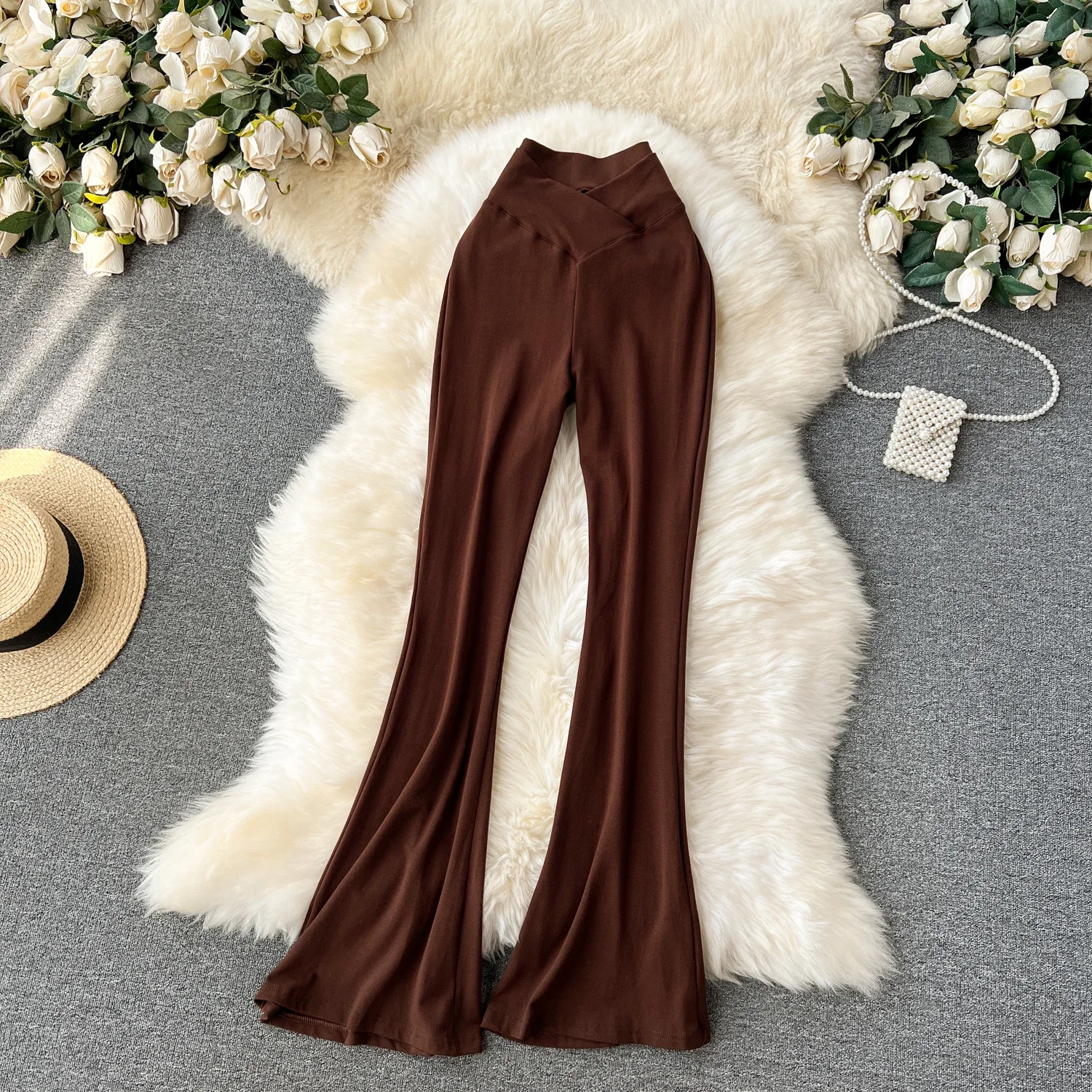 Women Solid High Waist Flare Pants Wide Leg Korean Fashion Elegant Casual Vintage Autumn Streetwear Clothing