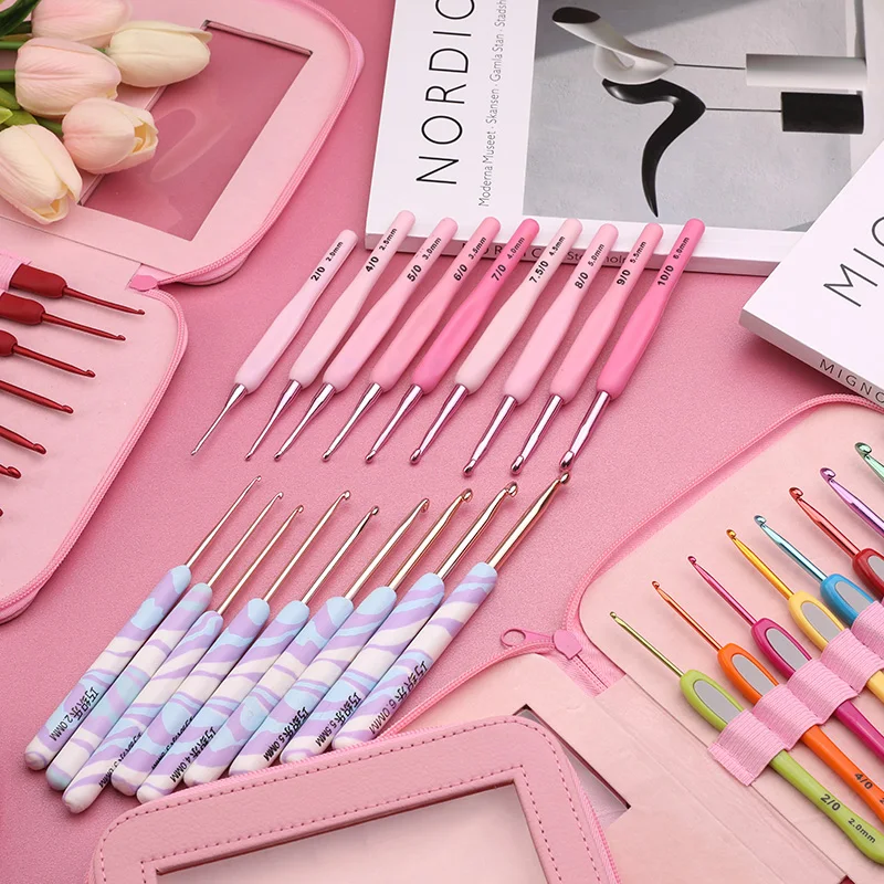 9pcs/set Handle Pink Crochet Hook Set Aluminum 1.0-10mm Knitting Needles  Weave Craft Yarn Crochet Medium Roving Sewing Tools kit