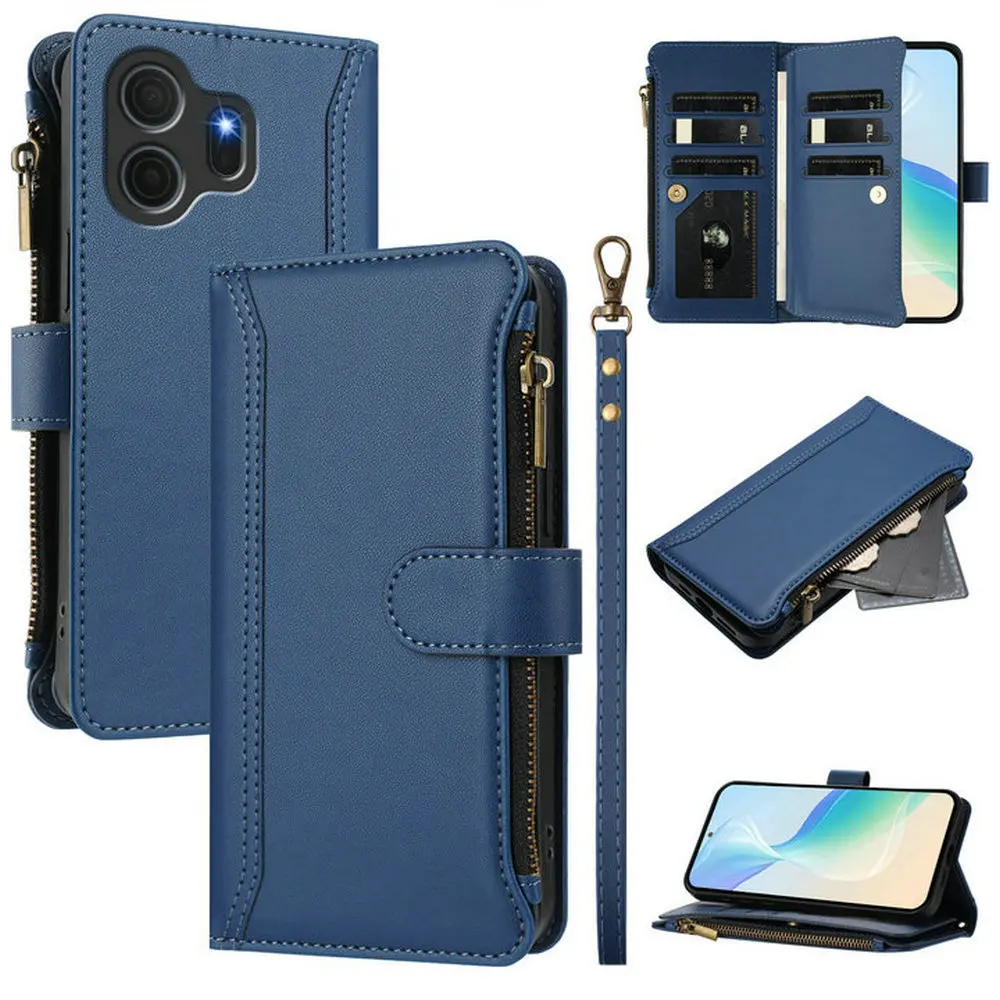 Luxury Zipper Leather Flip Case with 9-Card Slots