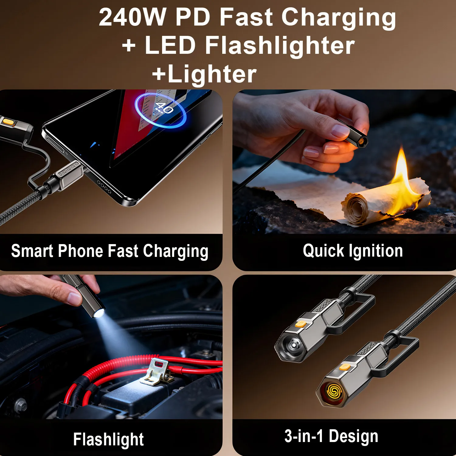 High-Speed 240W Fast Charging Type-C to Type-C Cable with LED Light & Built-In Lighter